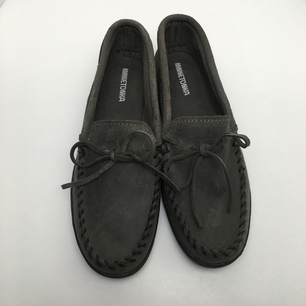 Minnetonka Moccasin Mens 12 Hardsole Charcoal Grey Suede Leather Laced Loafers